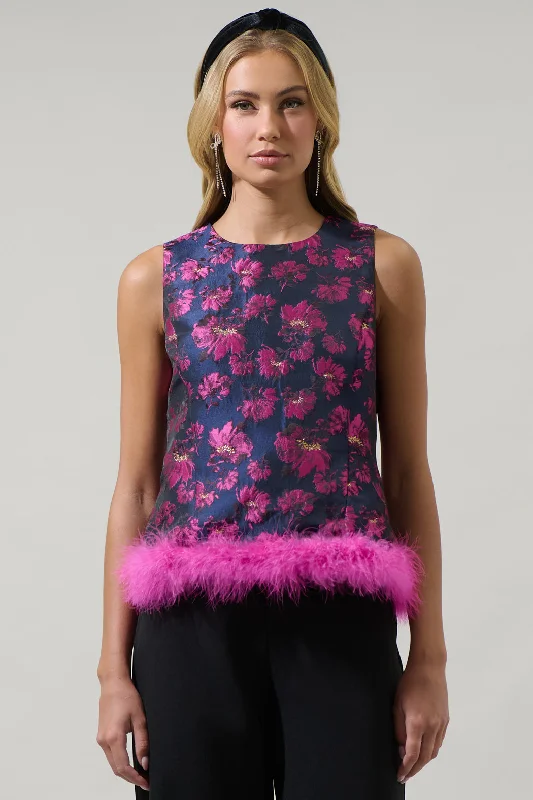 Preppy Style Lorna Jacquard Floral Feather Trim Sleeveless Top