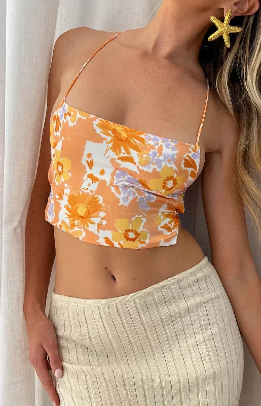 Women's Travel Attire Ebony Orange Floral Crop Top