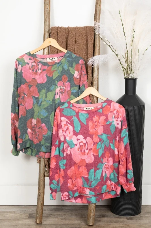 Casual Fashion Drop Shoulder Brushed Floral Hacci Knit Top