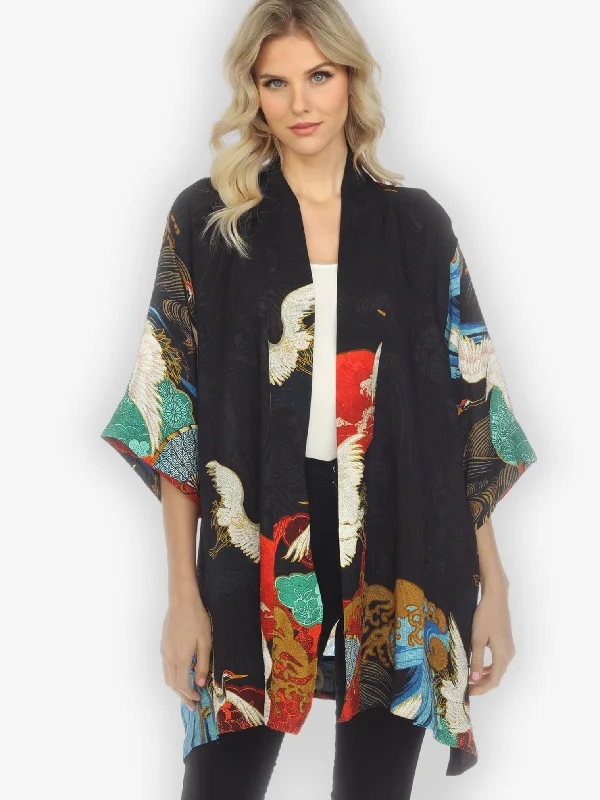 Women's Relaxed Outfit Sun Wave Crane Silk Kimono Top