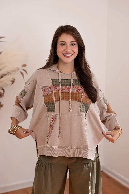 Women Wear Brands Patchwork Trends Washed Taupe Hoodie