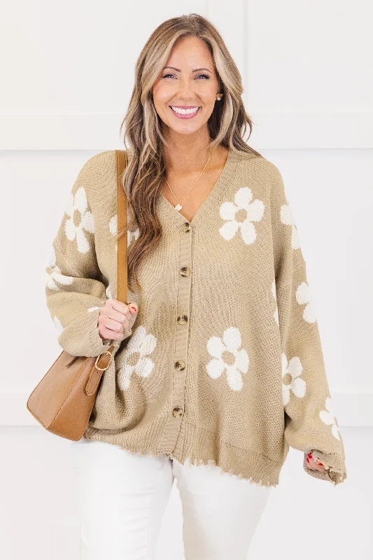 Cheap Women's Clothing Online Leave Flowers Cardigan, Taupe