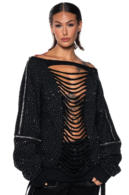 Women's Activewear Apparel DISTRESSED OFF THE SHOULDER RHINESTONE EMBELLISHED SWEATSHIRT