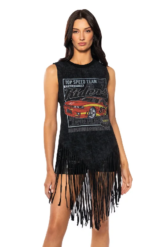 End of Season Sale TOP SPEED SLEEVELESS FRINGE GRAPHIC TEE