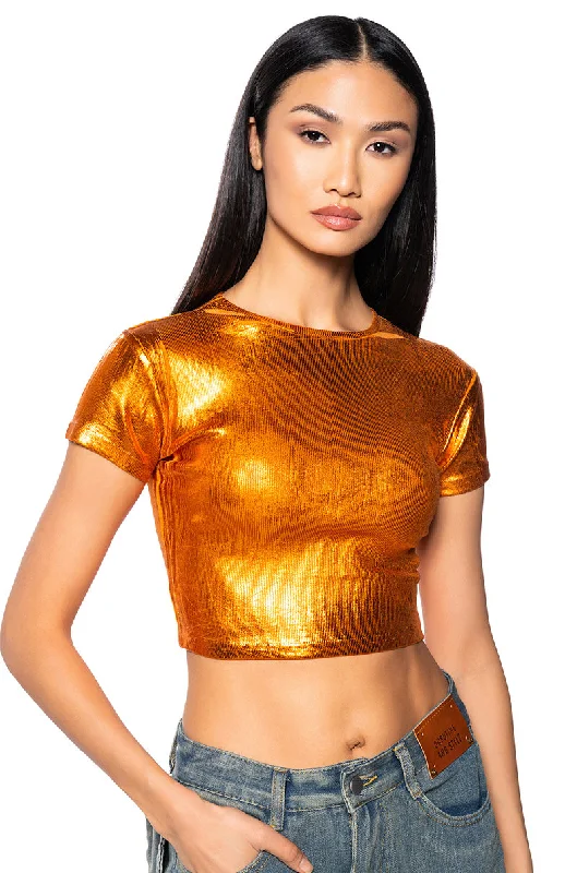 Women's High-Fashion Attire ARIES METALLIC RIB SHORT SLEEVE T SHIRT IN ORANGE