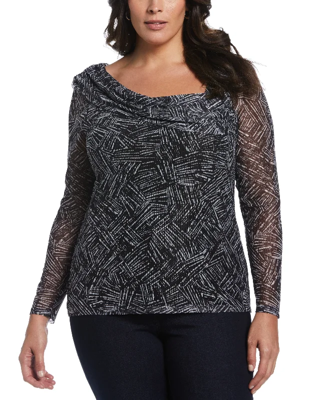 Discount Store Plus Size Printed Asymmetrical Mesh Top