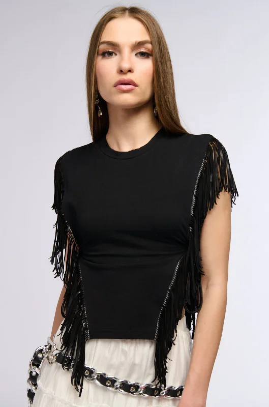 Modern Women's Apparel GRUNGE GIRL FAUX LEATHER FRINGE TSHIRT