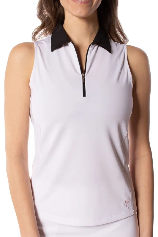 Women Fashion White Sleeveless Zip Contrast Polo