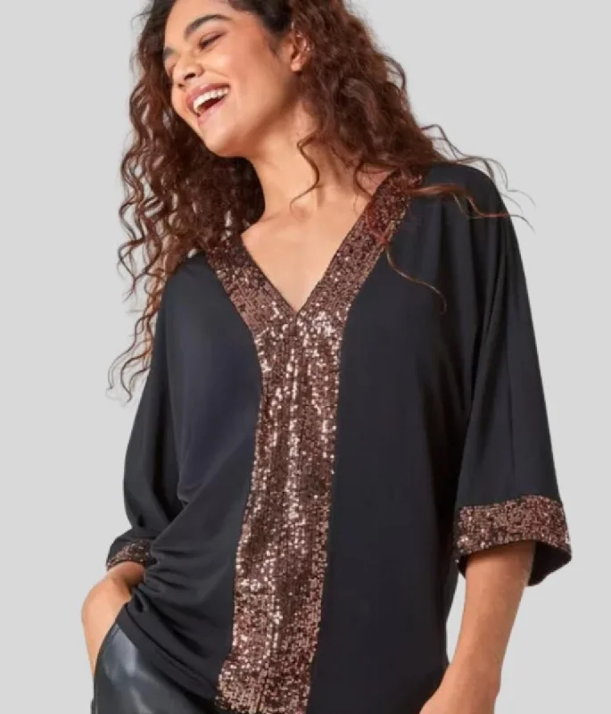 Women's Trendy Apparel Black & Bronze Sequin Tunic Top