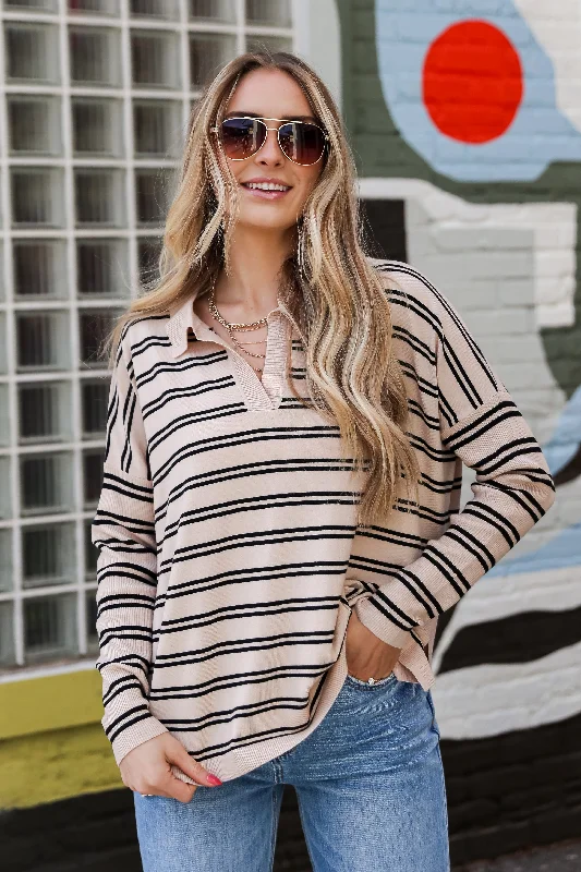 Versatile Women's Clothing for All Occasions FINAL SALE - Cuddly Couture Taupe Striped Collared Knit Top