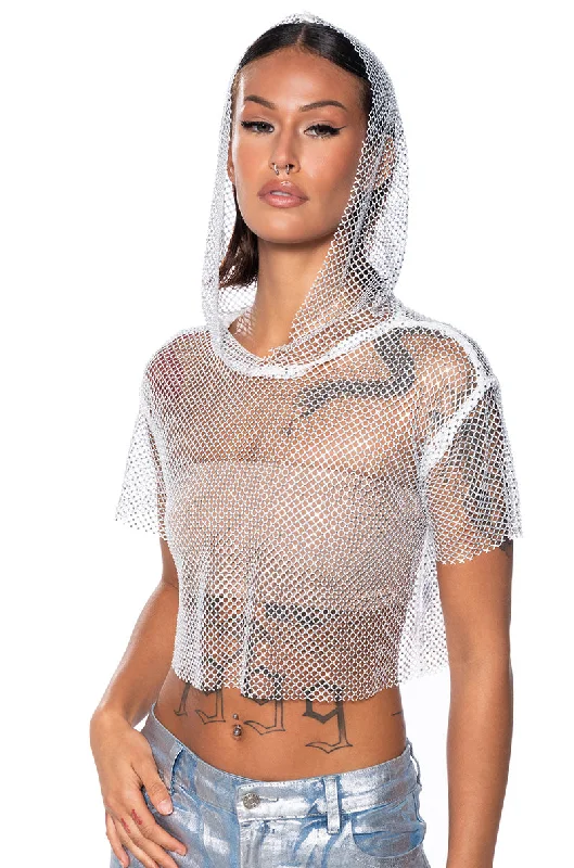 Casual Fashion NORTH STAR RHINESTONE MESH HOODED CROP TOP IN WHITE