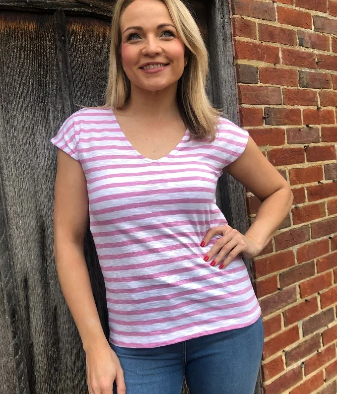 Modern Women's Apparel Pink Striped Cotton V Neck Top