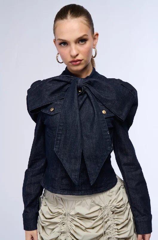 Women's Outerwear for All Weather Conditions WAIT FOR U DENIM BOW BLOUSE