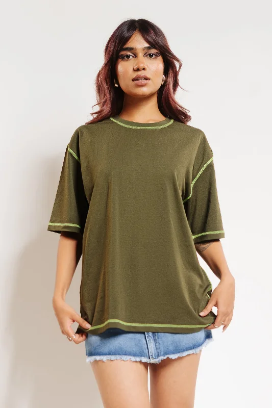 Vintage-Inspired Women's Apparel Olive Topstitched Oversized Tees