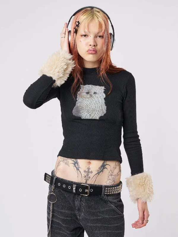 Charming Women's Holiday Apparel Kitty Faux Fur Cuffs High Neck Top