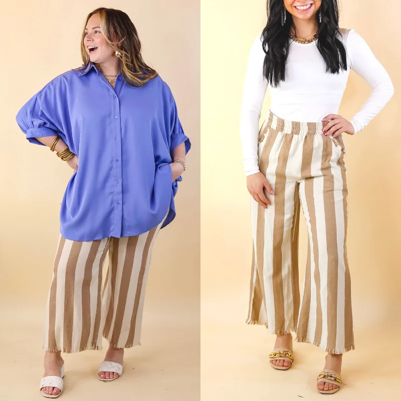 Elegant Clothing Right On Cue Elastic Waistband Striped Cropped Pants with Frayed Hem in Taupe