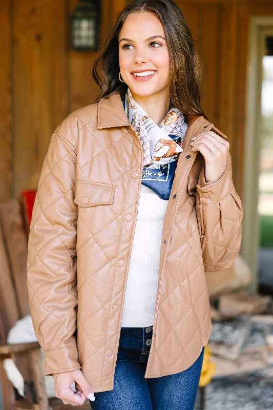 Women's Clothes And Apparel On A Mission Camel Brown Faux Leather Puffer Jacket