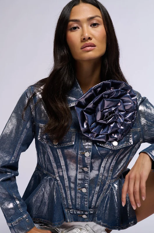 Women's Tailored Outfit MONIQUE FLOWER DETAIL METALLIC DENIM JACKET