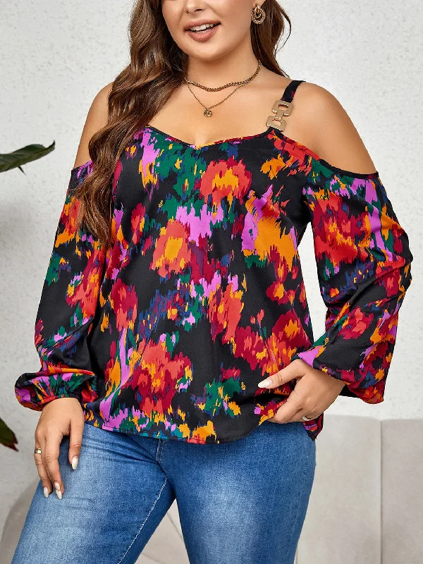 End of Season Sale Plus Size Printed Cold Shoulder Long Sleeve Blouse