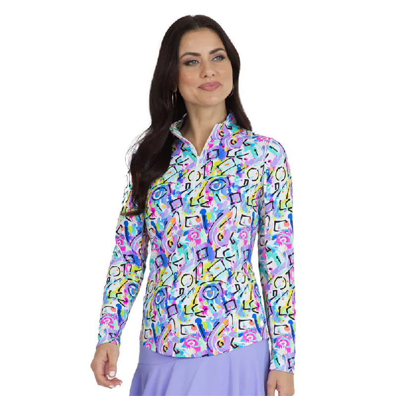 Women's Contemporary Apparel IBKUL Calli Print Long Sleeve Mock Neck Top - Turquoise Multi