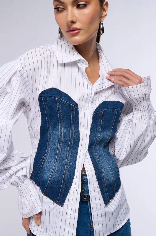 Women's Clothes for All-Day Comfort and Style RAISA DENIM CORSET DETAIL BUTTON DOWN BLOUSE