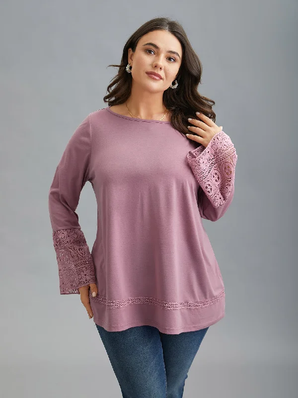 Plus Size Women Wear Boat Neck Lace Design Plain Knit Top