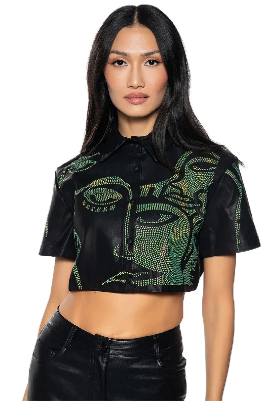 Premium Style GIVING FACE CROPPED FAUX LEATHER BUTTON DOWN TOP