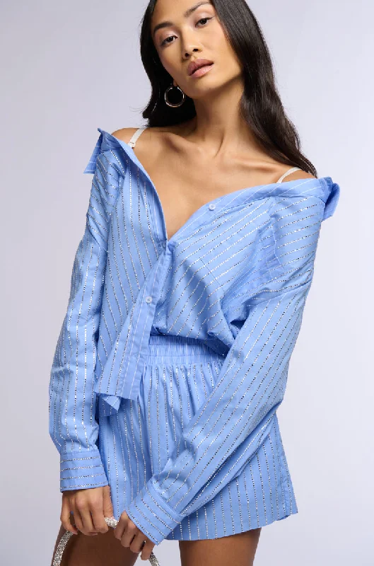 Women's Clothing for Every Season and Trend ICED OUT RHINESTONE STRIPE OFF THE SHOULDER POPLIN BLOUSE