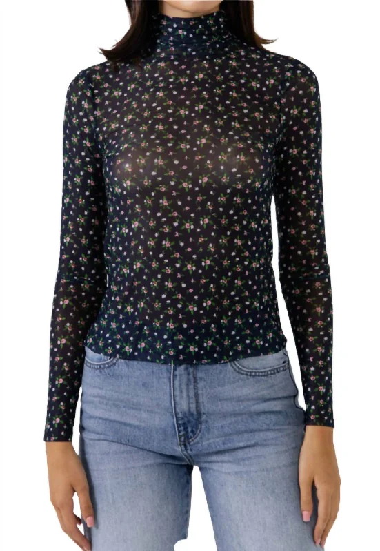 Women's Seasonal Fashion Trends Floral Mesh Top In Black