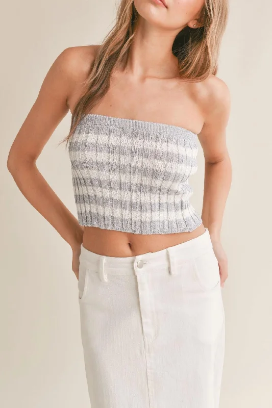 Boutique Styles Frankie Knit Tube Top In Blue Stripe