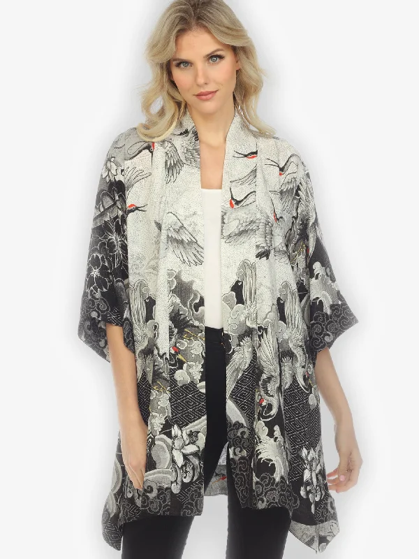 Modern Women's Outfit Black White Crane Wave Silk Kimono Top