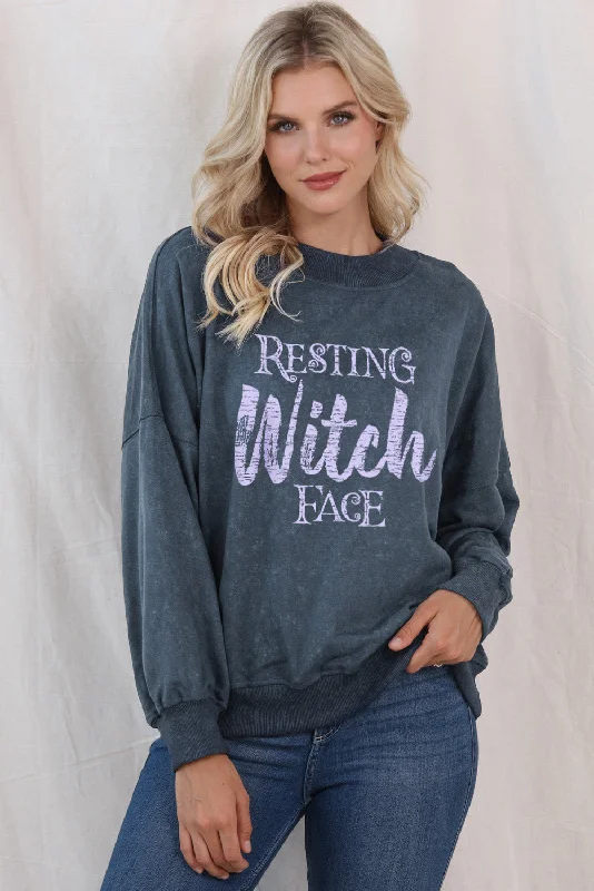 Affordable Women's Fashion Round Neck RESTING WITCH FACE Graphic Sweatshirt