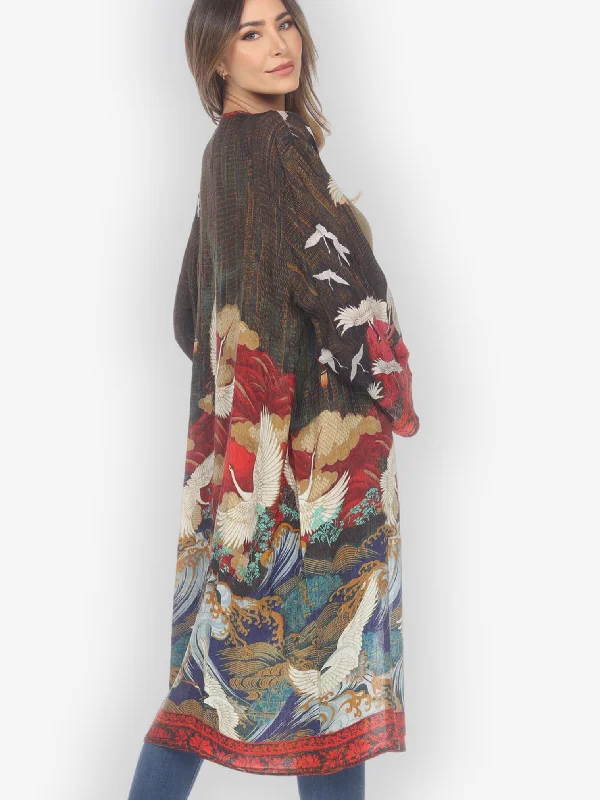 Fashionable Women's Outfit Open Front Silk Kimono Duster