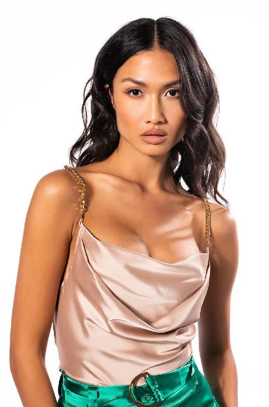 Trendy Boutiques Online SLEEVELESS CHAIN DETAIL SATIN COWL NECK