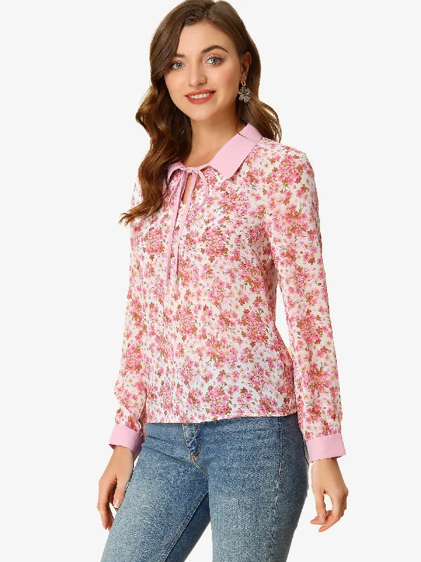 Women's Timeless Attire Floral Tops Contrast Tie Neck Long Sleeve Sheer Top