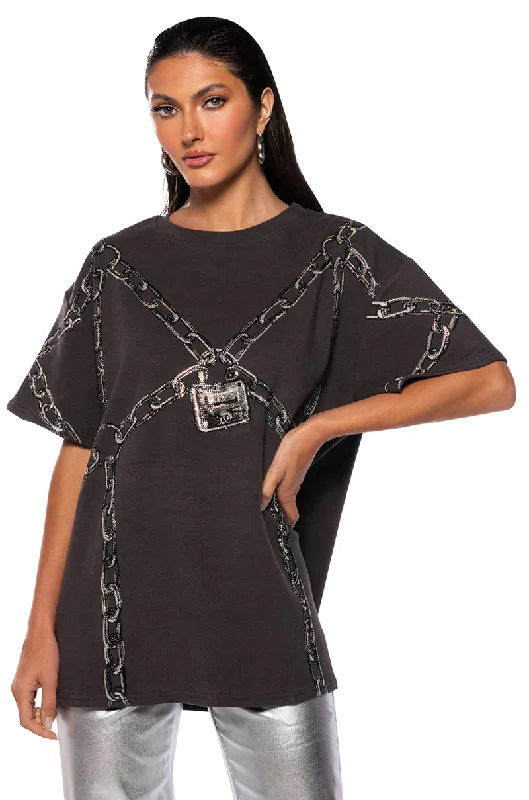 Women's Clothing And Garments Sets CHAIN DETAIL OVERSIZED TSHIRT IN GREY