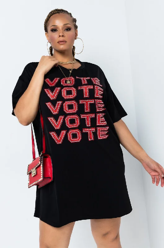 Women's Clothes And Apparel Sets PLUS VOTE VOTE VOTE RHINESTONE T-SHIRT DRESS BLACK