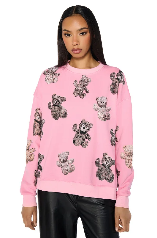 Elegant Women's Evening Garments PINK BABY BEAR CREW NECK EMBELLISHED SWEATSHIRT