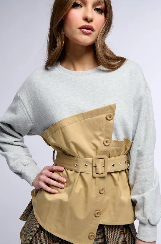 Women's Timeless Attire READY FOR ACTION BELTED MIXED MATERIAL SWEATSHIRT