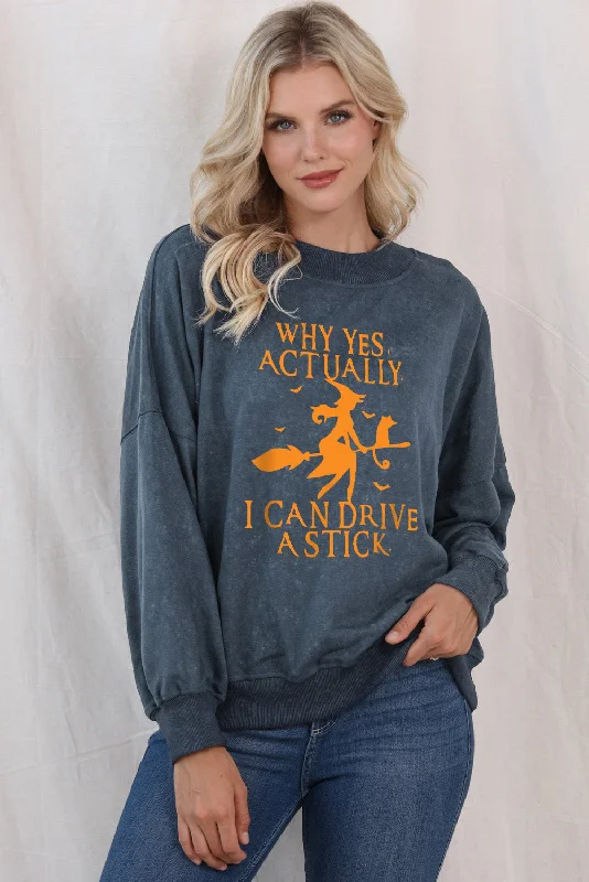 Women's Casual Wear Outfit Round Neck Dropped Shoulder Witch Graphic Sweatshirt