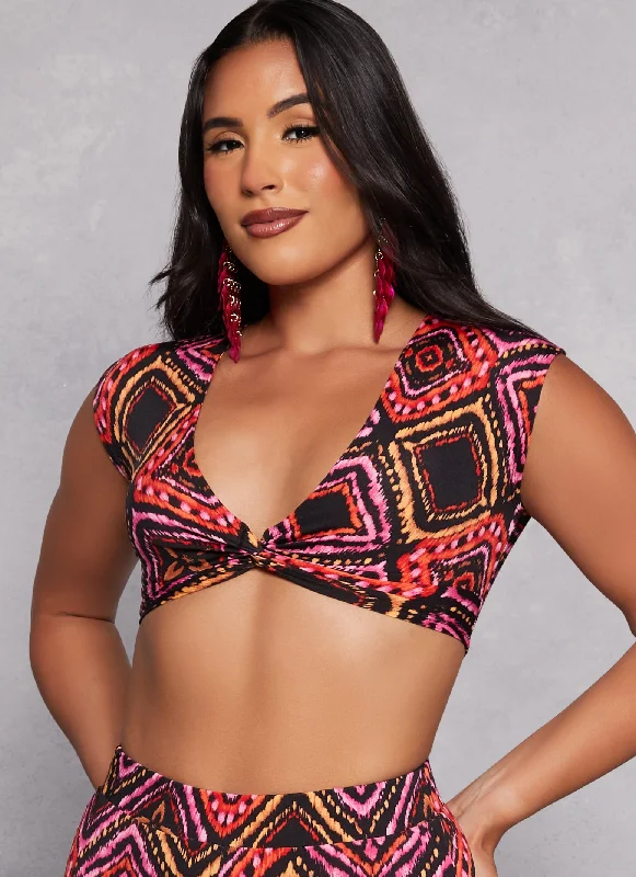 Latest Fashion Aztec Print Twist Front Crop Top