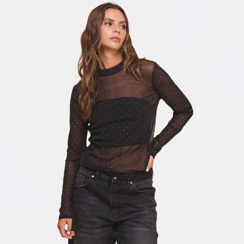 Trendy Women's Apparel for All Seasons Mesh Top with Silver Embellishments