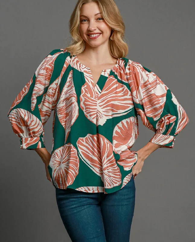 Women's Transitional Garments Floral Print Top with Bubble Sleeves