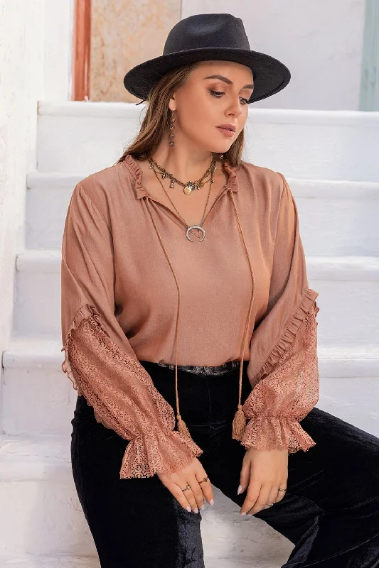 Exclusive Online Sale Plus Size Tie Neck Flounce Sleeve Blouse