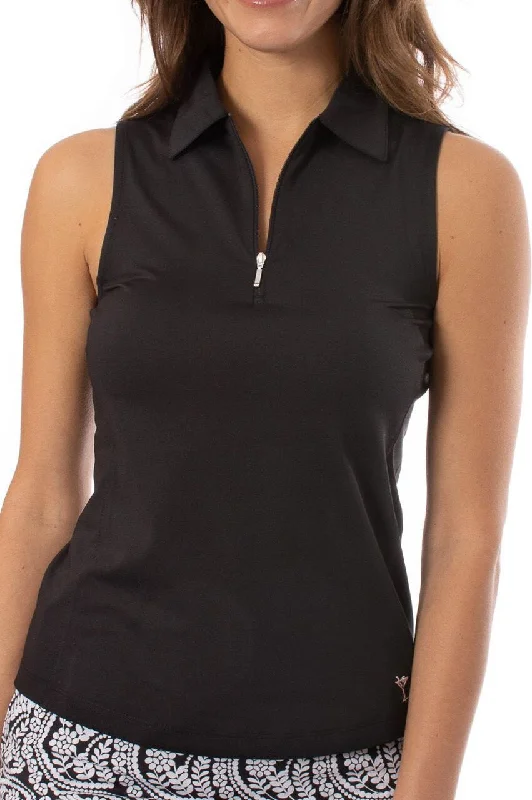 Women's Clothing Sale Black Sleeveless Zip Polo