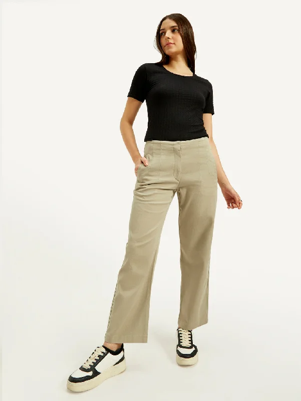 Sophisticated Fashion Women's Mid Rise Khaki Loose Fit Trousers