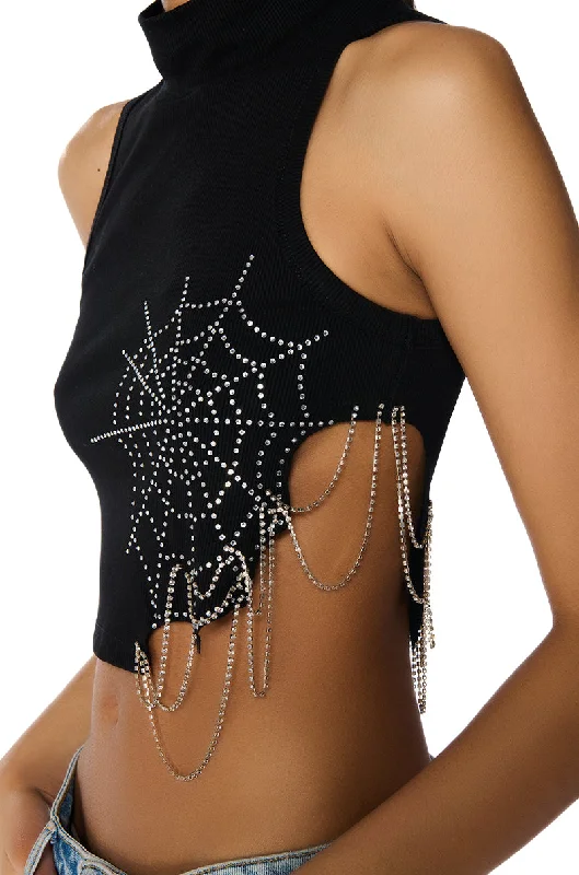 Everyday Women's Fashion Trends SPIDER WEBS MOCK NECK EMBELLISHED CROPPED TANK