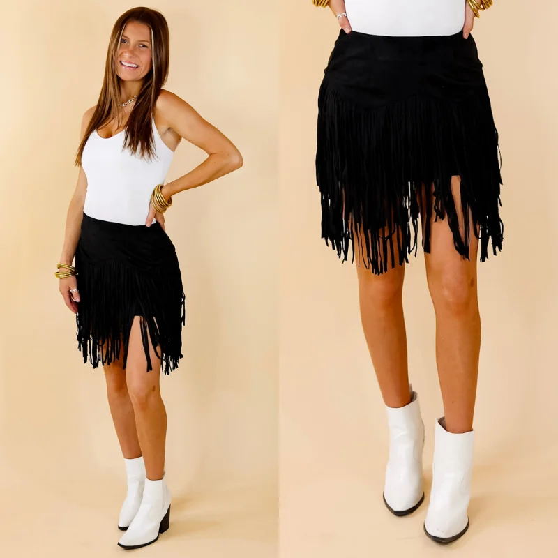 Timeless Women's Fashion Styles Pep Into Your Step Suede Fringe Skirt in Black