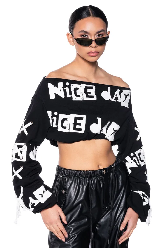 Women's Outerwear Apparel WRITTEN ON THE WALL OFF THE SHOULDER SWEATSHIRT