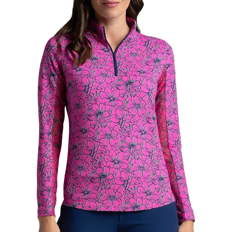 Women's Occasion Wear Apparel IBKUL Women's Diana Long Sleeve Mock Neck Top - Hot Pink/Navy